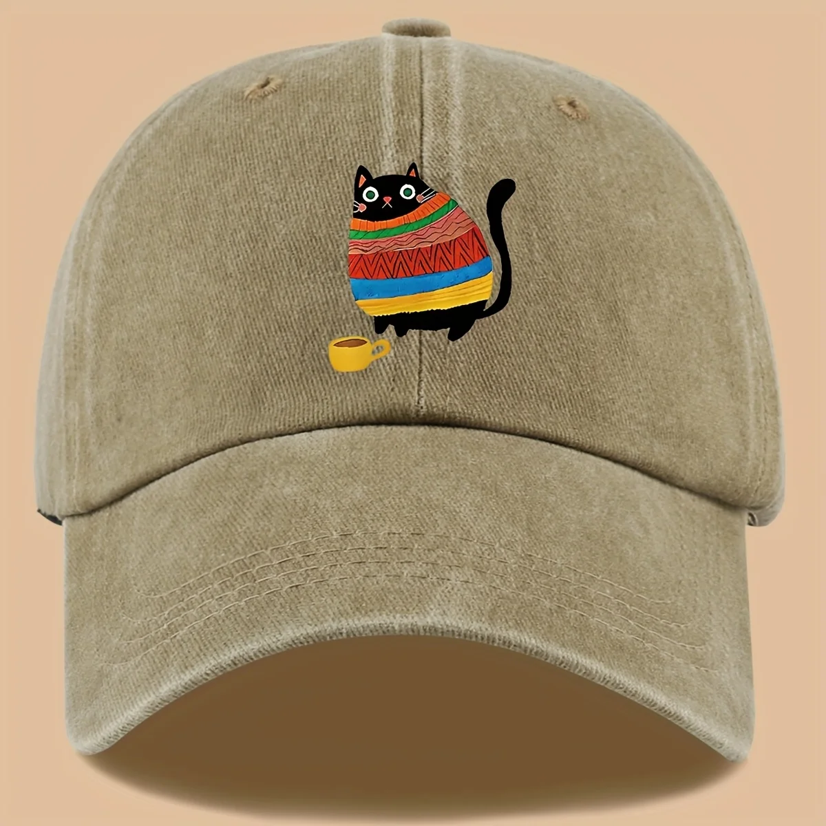 

1pc Cat Print Baseball Cap | Vintage Washed Adjustable, Unisex for Hiking Travel & Gifts