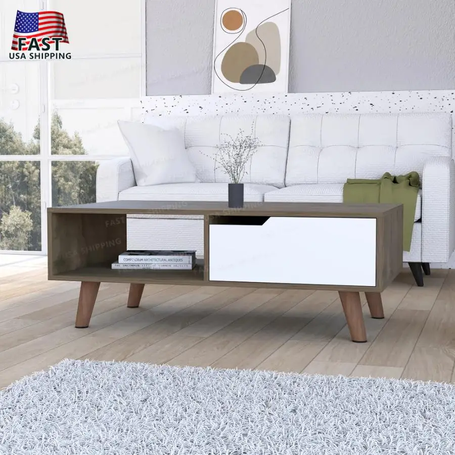 Dark Brown White 1 Drawer 1 Shelf Rectangle Coffee Table
