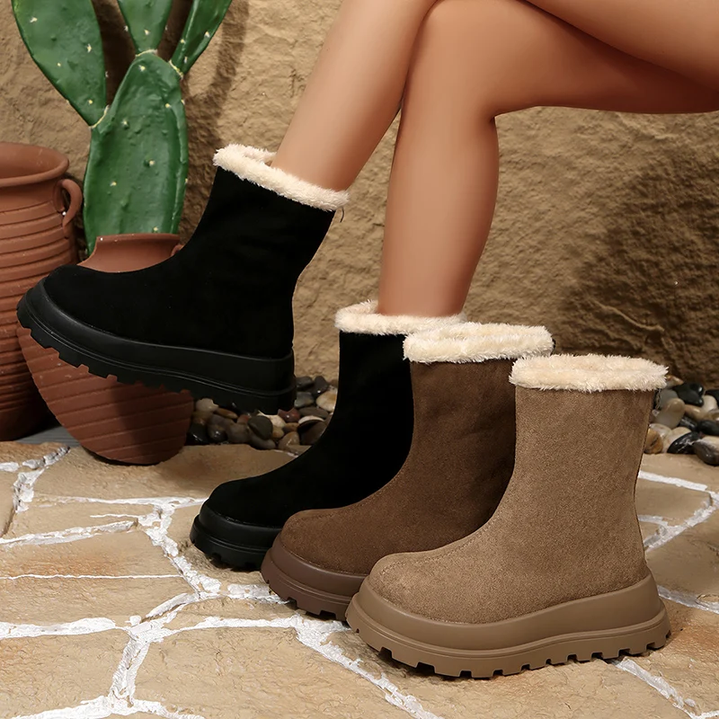 Thick Bottom Long Plush Snow Boots Women Plus Size 42 Faux Suede Platform Ankle Boots Woman Zipper Non Slip Warm Winter Botas
