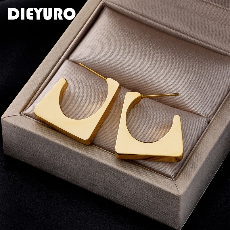 DIEYURO 316L Stainless Steel Geometric Stud Earrings For Women Designer Exaggerated C Loop Square Earrings Girls Party Jewelry