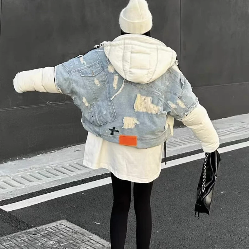 Women Thickened White Duck Down Jacket Trendy Denim Splicing Down Jacket Short Section Hooded Color Collision Parker Jacket Coat