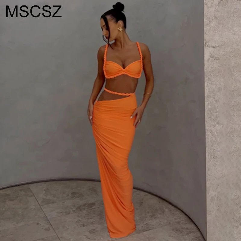 

MSCSZ 2025 Womens Summer Outfits Top And Skirt Two Piece Set For Women Sexy Beach Party Outfits New In Matching Sets