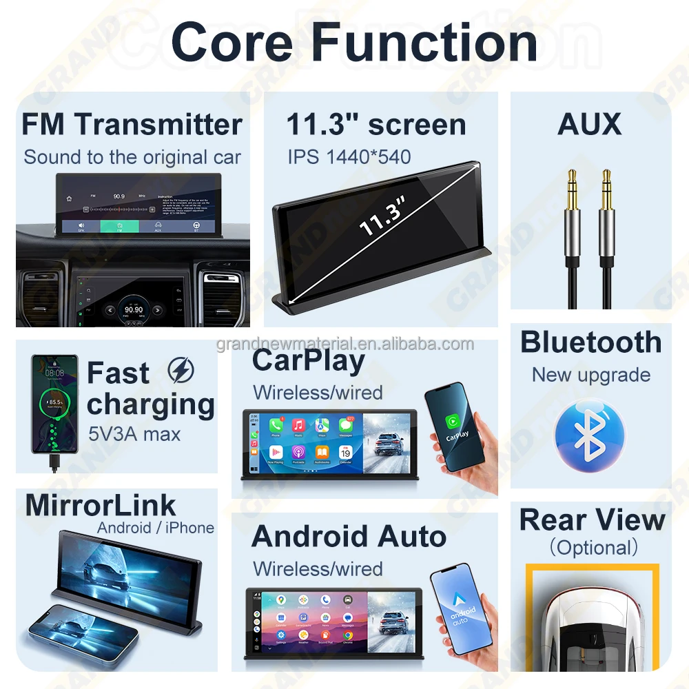 GRANDnavi Perangkat Navigasi Portabel Universal 11.3 Inci Nirkabel CPAA Carplay Android Pemutar Video Multimedia Otomatis Mirrorlink