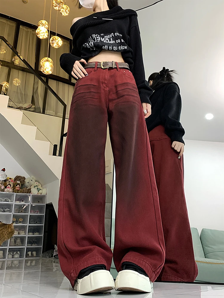 WCFCX STUDIO American Street Style Washed Jeans for Women High Waist Retro Fashion Straight Trousers Loose Casual Pants