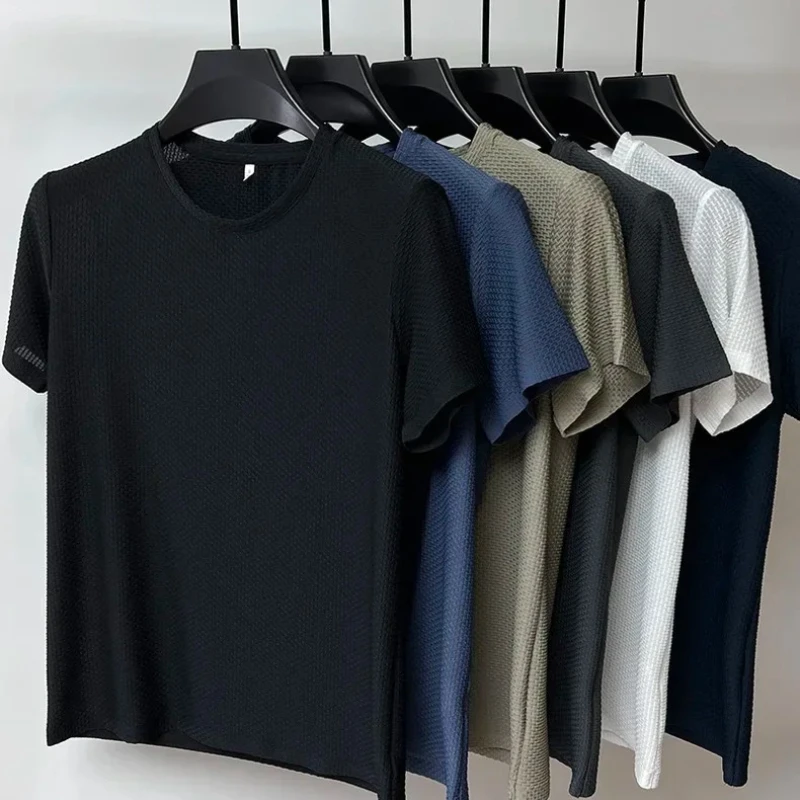 High end Ice Silk Short Sleeve T-shirt Men's Summer Mesh Breathable Round Neck  Fashion Solid Color Casual Luxury Top image 2