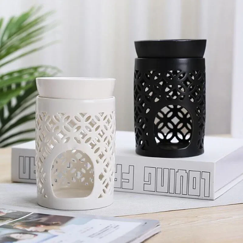 European Style Hollow Geometric Pattern Essential Oil Furnance Burner Aromatherapy Candle Holder Night Light Home Decor