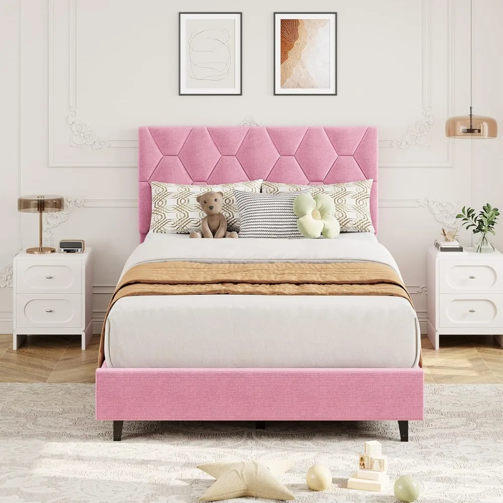 

GarveeHome Twin Size Platform Bed Frame with Upholstered Headboard and Wooden Slats Support, Velvet Upholstered Mattress Foundat