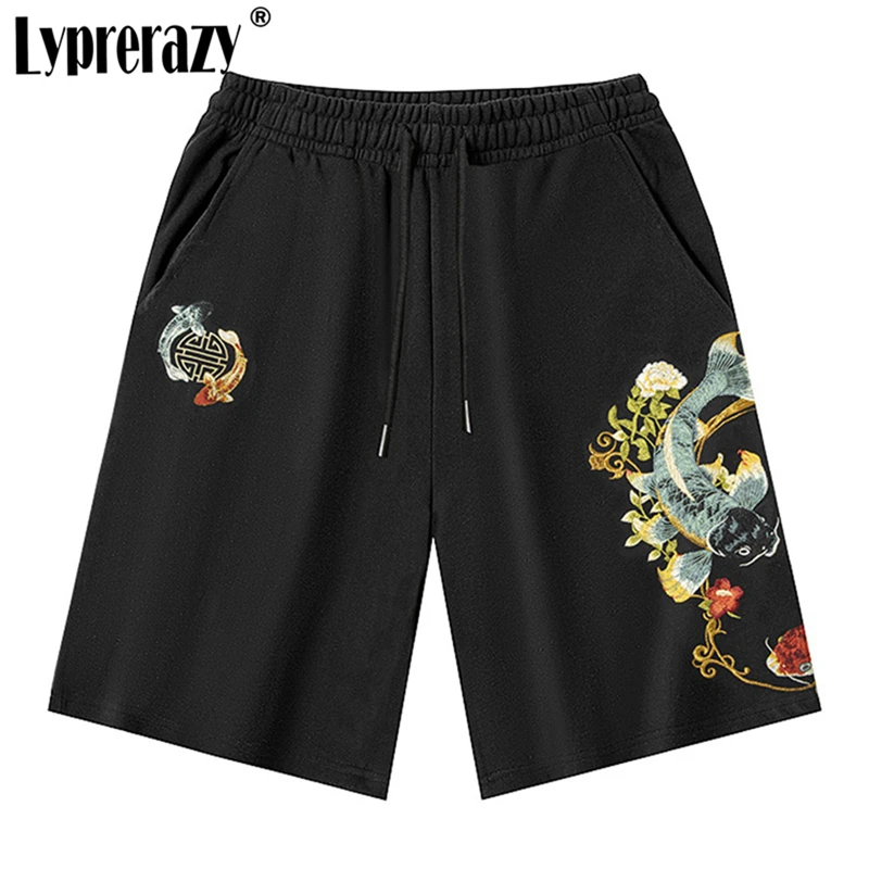 

Lyprerazy Summer National Tide Koi Fish Embroidery Shorts Chinese Style Loose Cotton Straight Men's Shorts