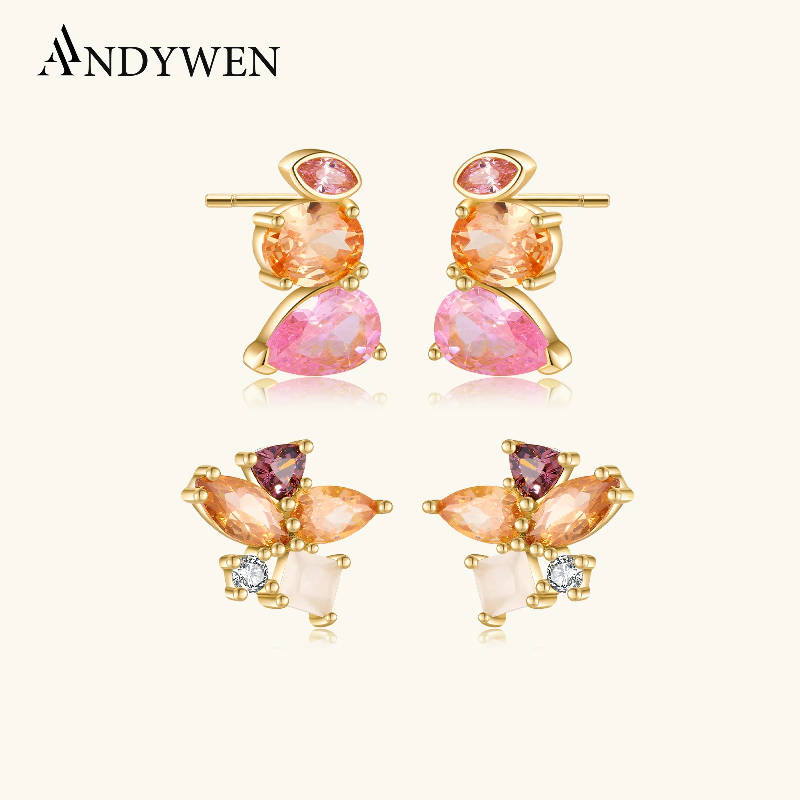 

ANDYWEN 925 Стерлинговое Серебро 2023 пробы три циркона розового цвета шампанского Женская драгоценность в стиле рок панк Свадебная бижутерия подарок