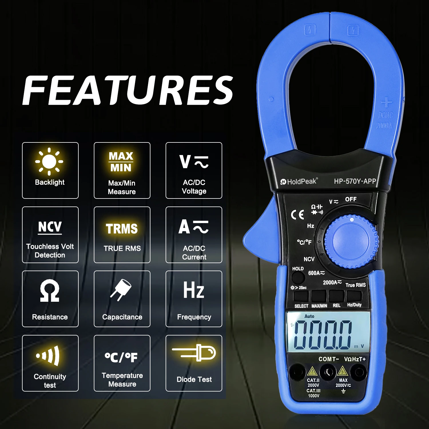 HOLDPEAK Digitális Ácskapocs multimeter, 2000A / 2000V, Helyesen RMS Fogyasztásmérő, vel Bluetooth , APP, AC/DC feszültség & aktuális teszter HP-570Y-APP