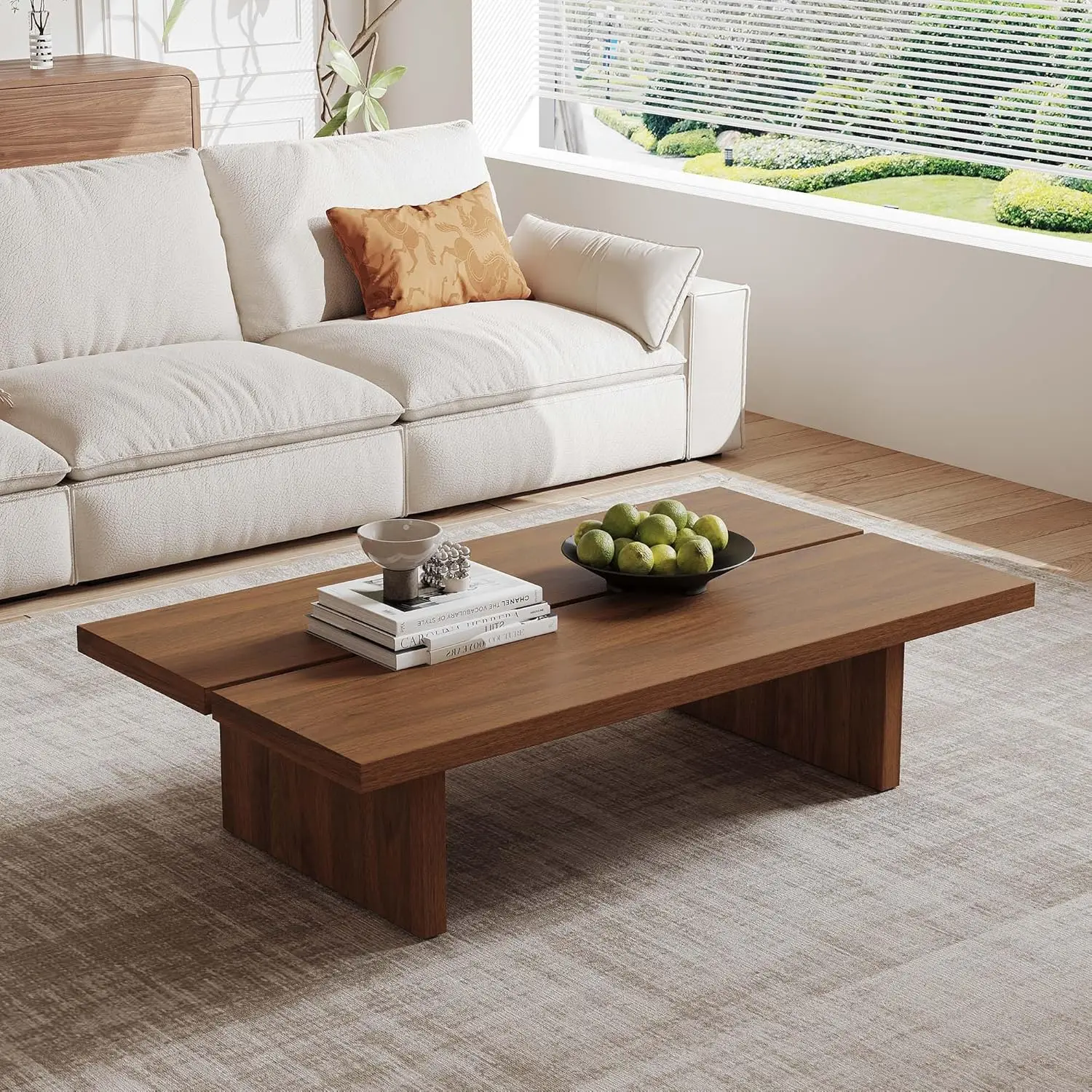 

47-Inch Rectangular Coffee Table - Modern Understated Luxury Center Table For Living Room, Minimalist Walnut Grain Wood Coffee T