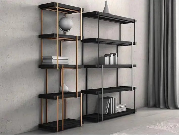 Luxurious iron bookshelf Modern floor to ceiling study storage shelf Nordic living room Simple office partition Metal storage