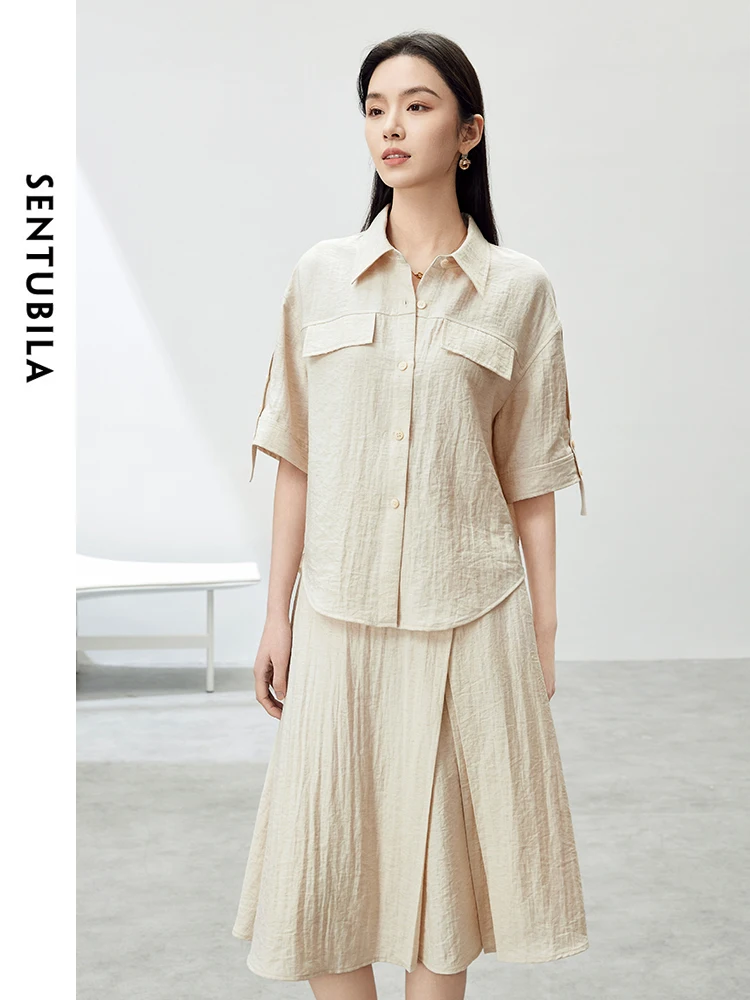 

SENTUBILA Summer Commuter Linen Blend Skirts Sets 2025 Polo Collar Button Up Shirt A-line Irregular Skirt 2 Piece Set 142Z54345