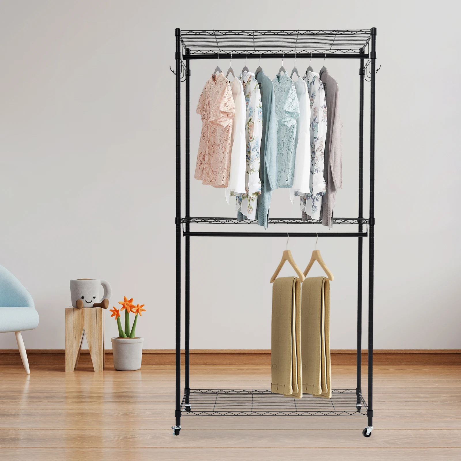 Porte-vêtements autoportant noir de grande capacité, aspect moderne, 35,43*17,13*70,87 pouces, pour chambres d'hôtes, dortoirs