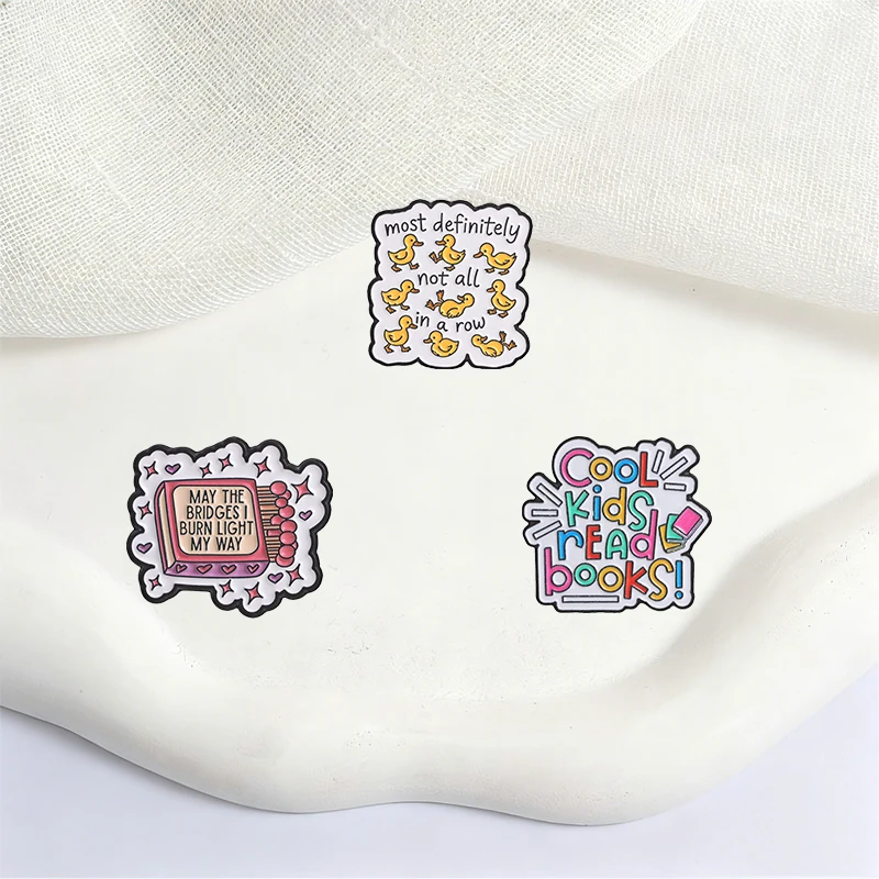 Yellow Duck Reading Book Enamel Pins MAY THE BRIDGES I BURN LIGHT MY WAY Brooches Fashion Lapel Badge Backpack Clothes Jewelry