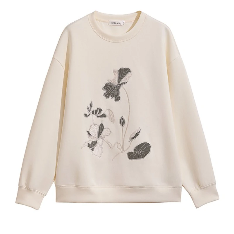 Spring Autumn Lotus Leaf Embroidered Women's Sweatshirt Korean Style Round Neck Long Sleeve Loose Casual Streetwear Hoodies Tops