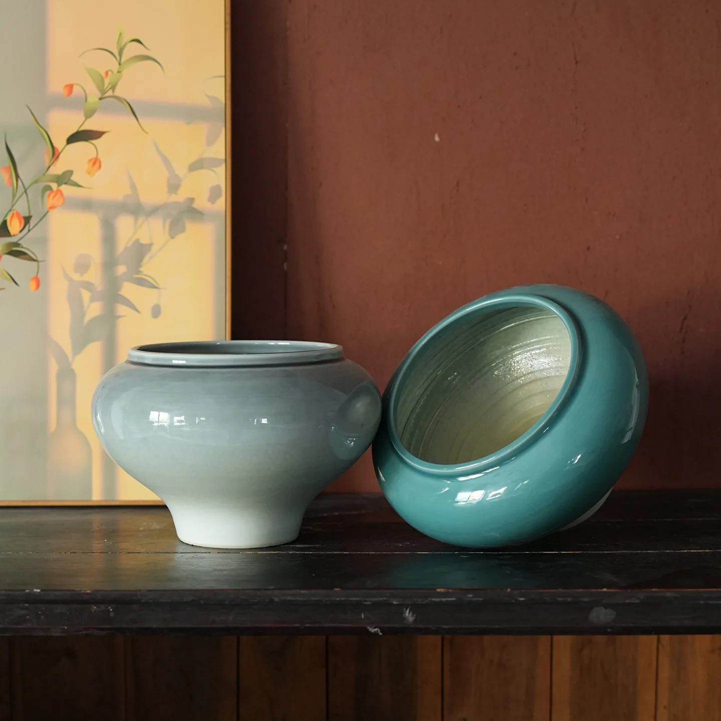 Jingdezhen ceramic flower pot ornament underglaze color handmade household flower growing large diameter flower pot floor bonsai