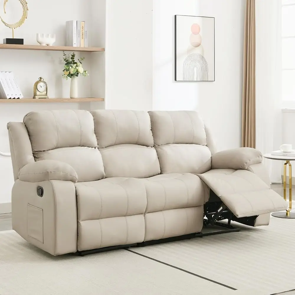 

3 Seater Beige Leather Reclining Sofa for Living Room or Home Theater