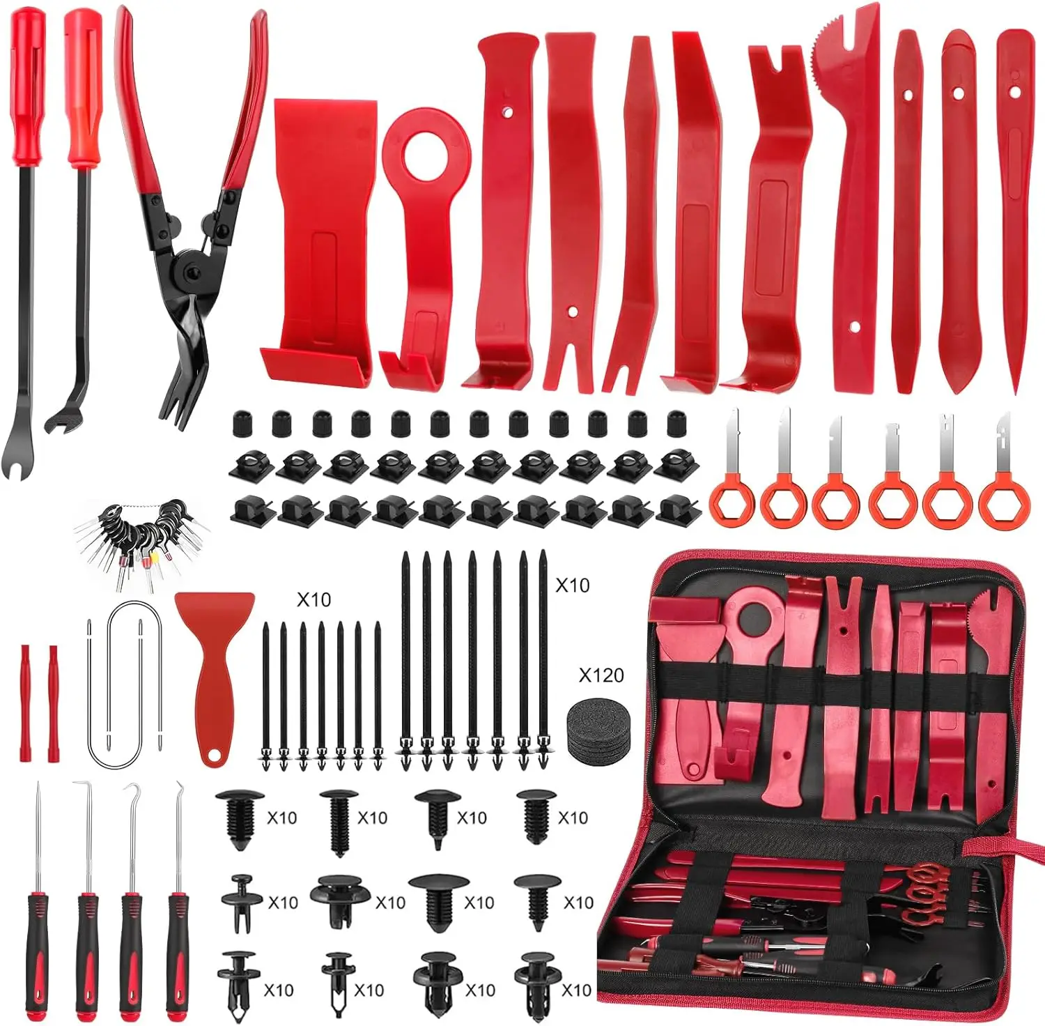 

352pcs Trim Removal Tool Kit, Door Panel Pry Tool Set with Car Fasteners Clips & Adhesive Cable Clips, Red