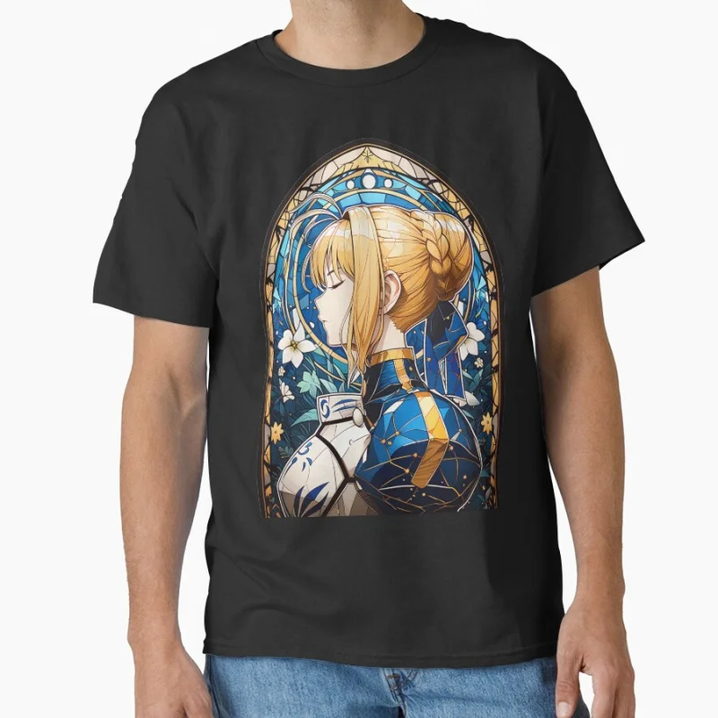 

Stained Glass Saber 80s Manga Fate stay night video game Anime T shirt for men 100% cotton print Large size gift tops S-6XL