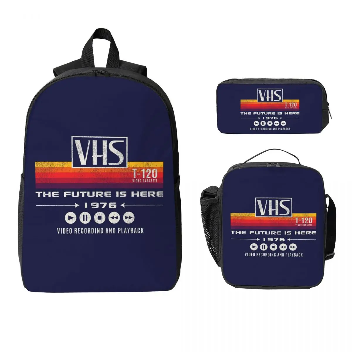 

VHS The Future Is Here 1976 Worn Out Dks Backpack BookBag School Bag Computer Shoulder Bags 3ps Insulated Lunch Bag Pencil Case