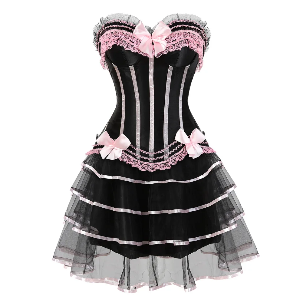 Sexy Women Gothic Renaissance Victorian Floral Lace Up Burlesque Bustier Corsetlet Lingerie Dance Tutu Skirt Corset Suit