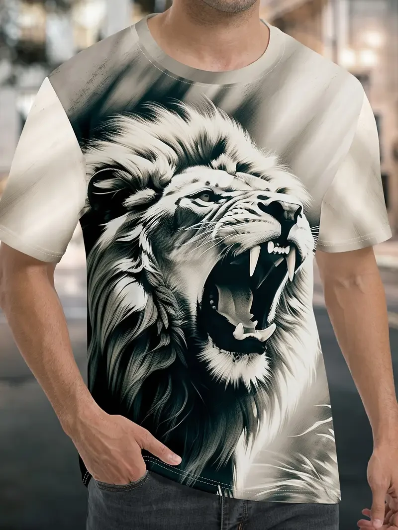 Men's Summer Fashion Lion Print T-shirt - Breathable Polyester Fiber, Round Neck, Short Sleeve Casual Top