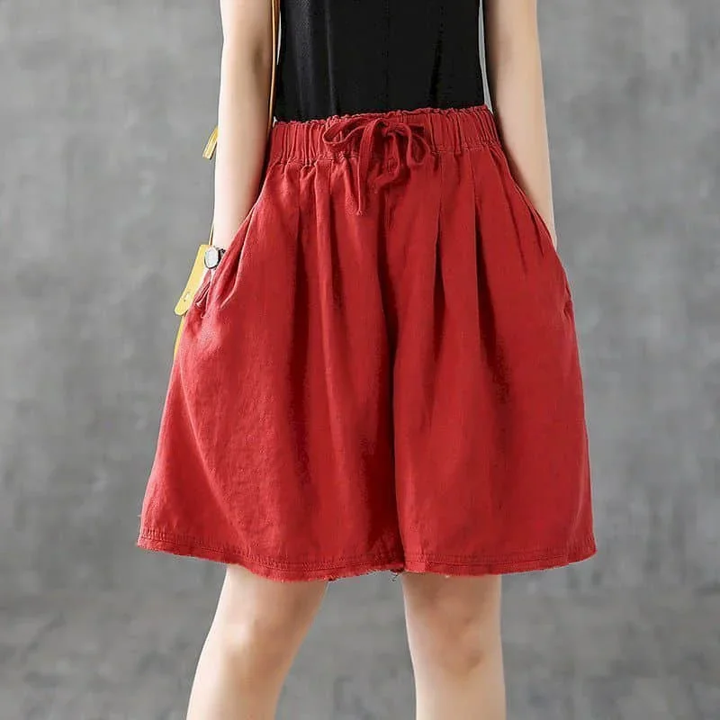

Pop Solid Shorts For Women Summer Sale Linen Casual Straight Short Pants Korean Style Elastic Waist Wide Leg Trousers Women Clot
