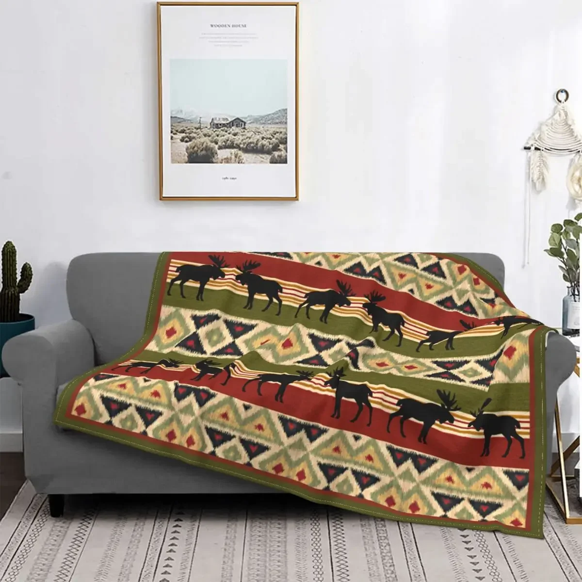 Moose Wildlife Animal Red Green Ochre Ikat Stripes Blankets Fleece Spring Autumn Antique Throw Blankets for Home Travel Quilt