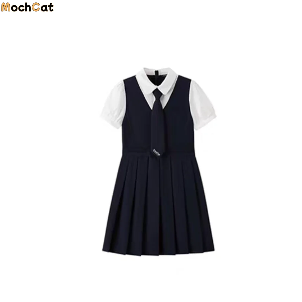 

Loose Pleated Kids Fake Two Dress Preppy Style Short Sleeve Summer Girls Dresses Skirts Teenagers Children A-line Dress Students