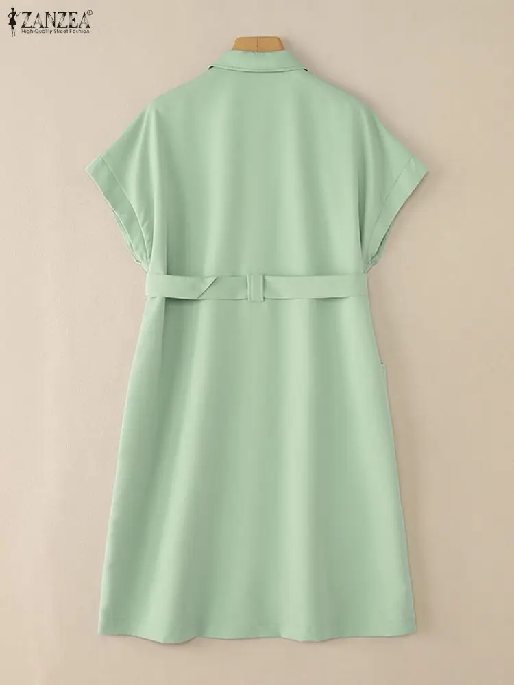 ZANZEA Camicia da donna casual patchwork con cintura Colletto rovesciato Bottoni Manica corta Abito al ginocchio Abbigliamento da lavoro S-3XL