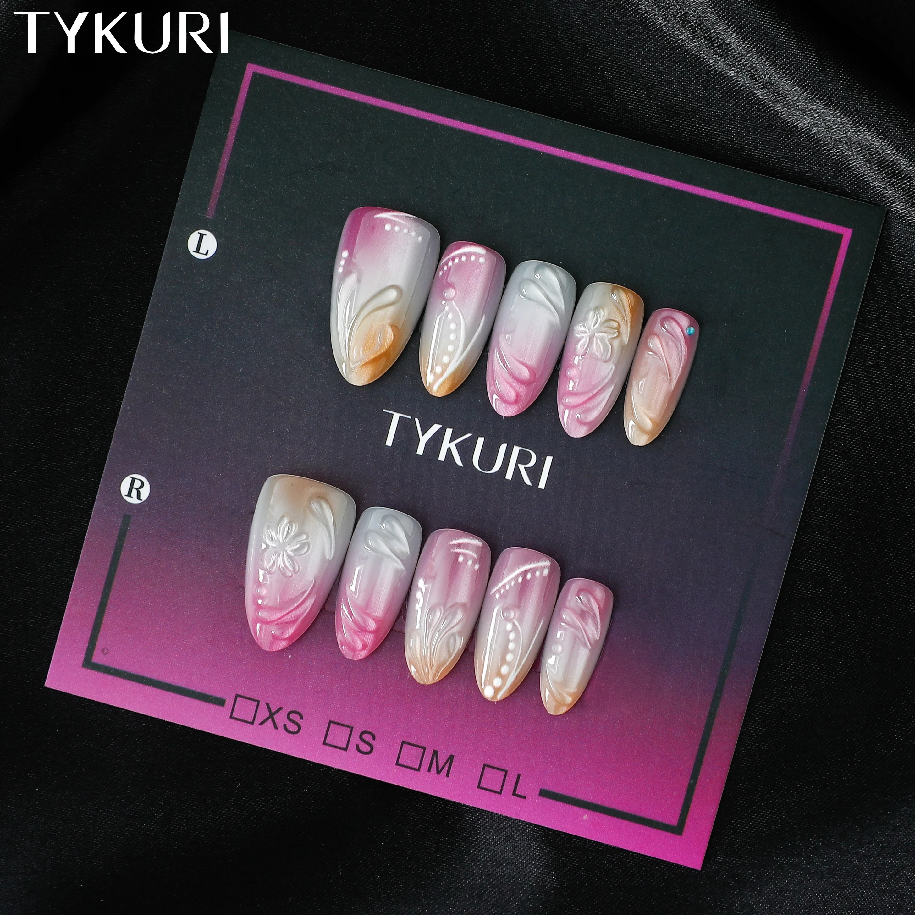 

TYKURI Iridescent Pink Floral Press On Nails,Almond Shape, Pearlescent Party False Nails with Jelly Glue