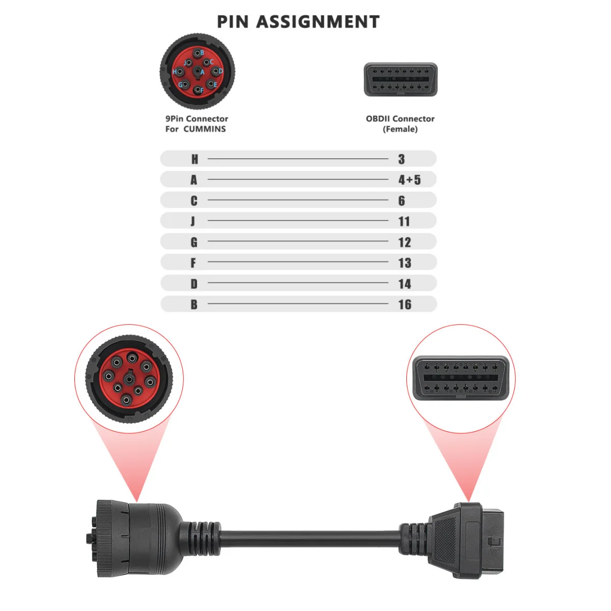 

High Quality J1939 9Pin to 16Pin OBD2 Adapter Cable For Cummins Heavy Duty Truck SAE J1708 Diagnostic Connector