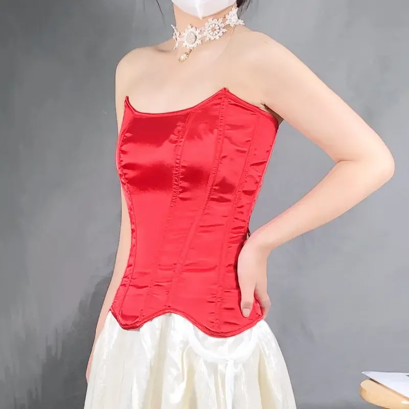 

Women White Corset Tube Top Sexy Bustier Overbust Vintage Gothic Bodices Lace-up Satin Fabric Slimming Waist Shaper Lingerie