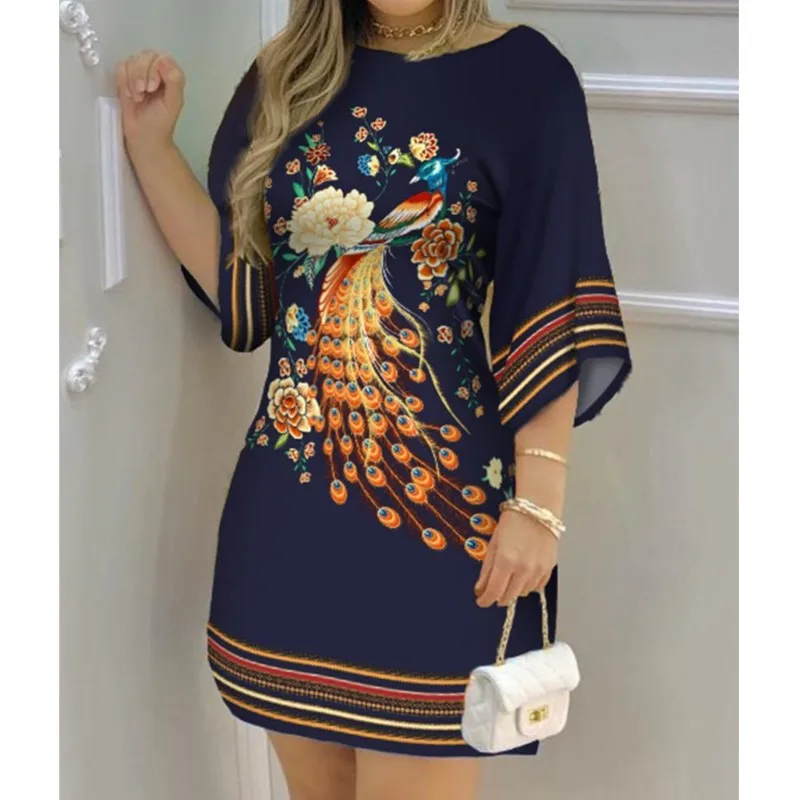 New Women Clothing 2024 Summer Fashion Peacock Print Dress For Women Casual Round Neck 3/4 Sleeves Pullover Mini Dresses