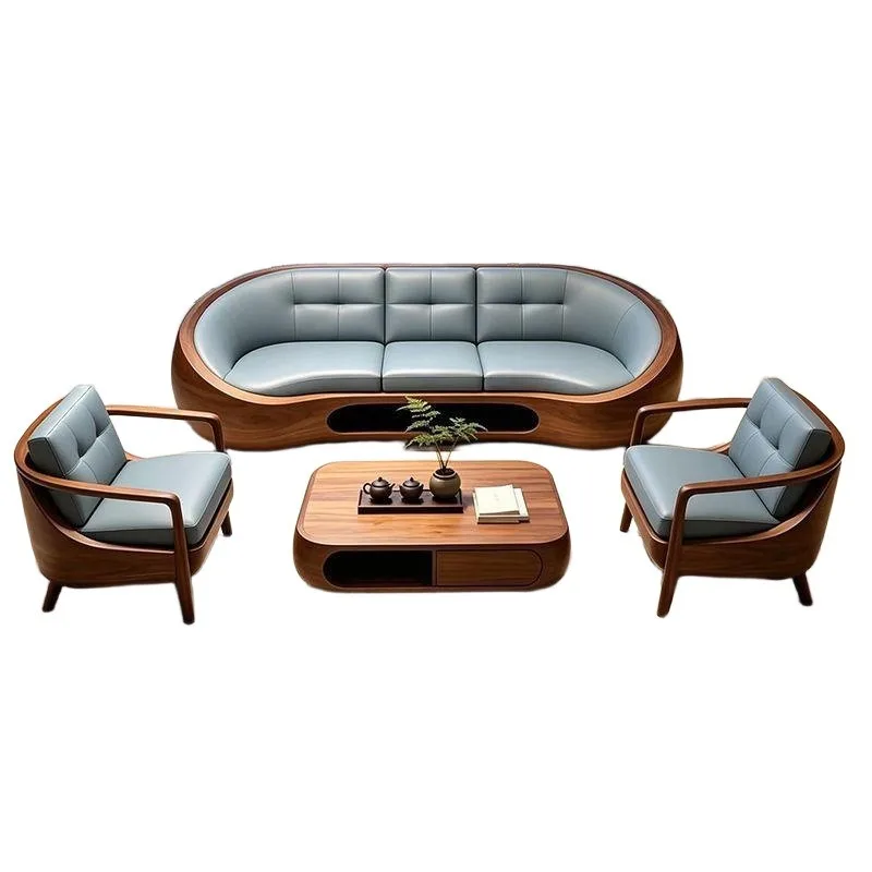 Black walnut Italian light luxury curved sofa, large and small apartment leather household sofa