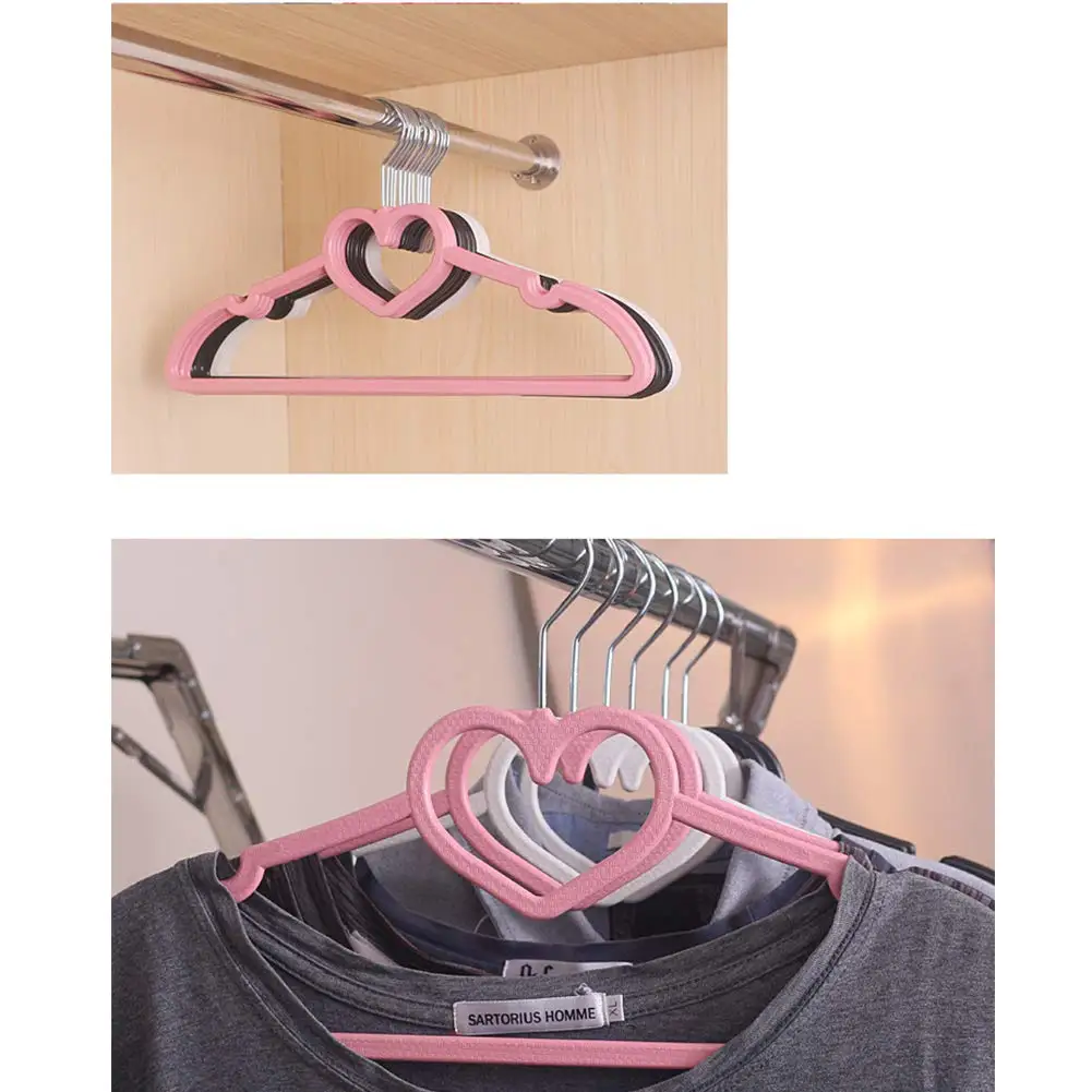 Multifuncional Loving Heart Plastic Hanger para adultos e crianças, carrinho de roupa, cabide, Home Storage Organization, rosa, 10pcs