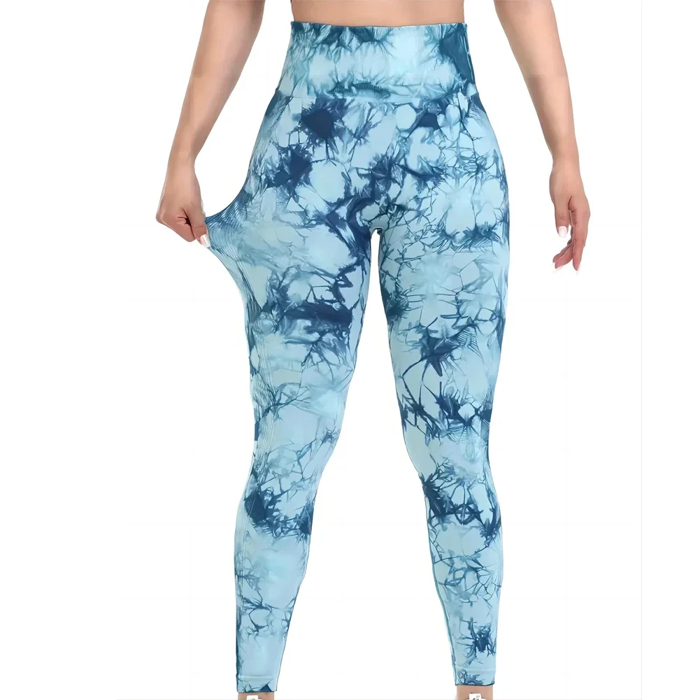 Pantalones de yoga de fitness elásticos con cintura alta y trasero de melocotón sin costuras Tie-Dye para mujer