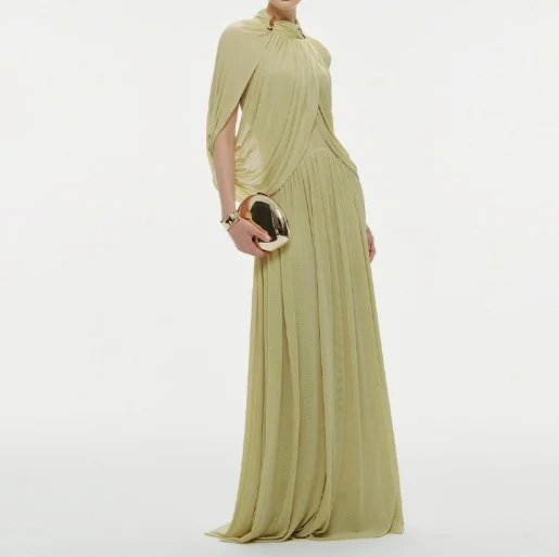 Women's Dress 2026 Spring Summer New Solid Color Pleated Mesh Patchwork Elegant Round Neck Fresh Chiffon Long Dress