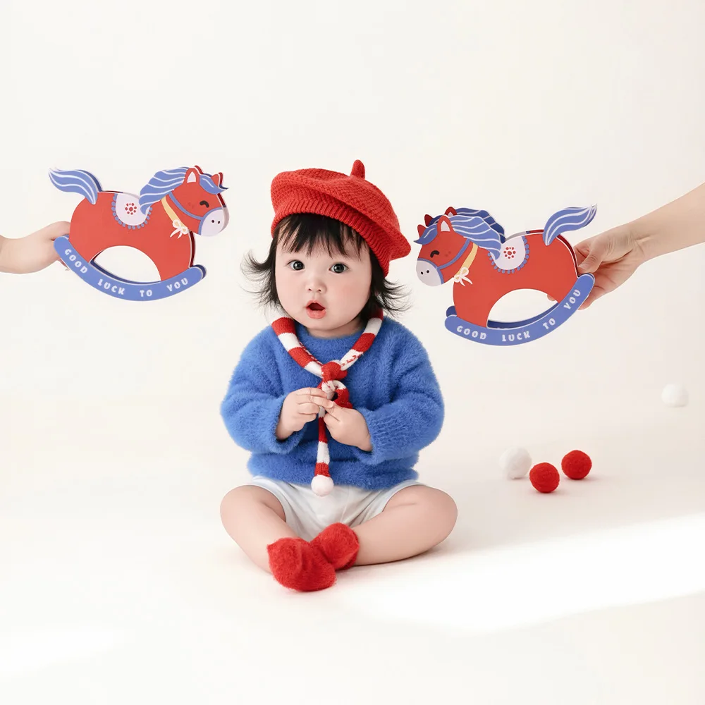 Baby Growth Milestone Photography Outfit Red Knit Beret+sweater Set 100 Days Baby Korean Style Photo Costume for Studio Shooting