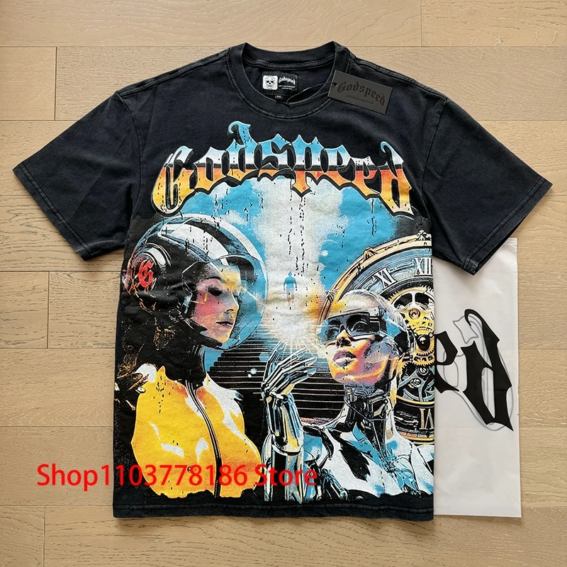 Niche Design Godspeed T-shirt European American High Street Fashion Print Roundneck Short Sleeve Hip Hop Top Tee Men's Clothing