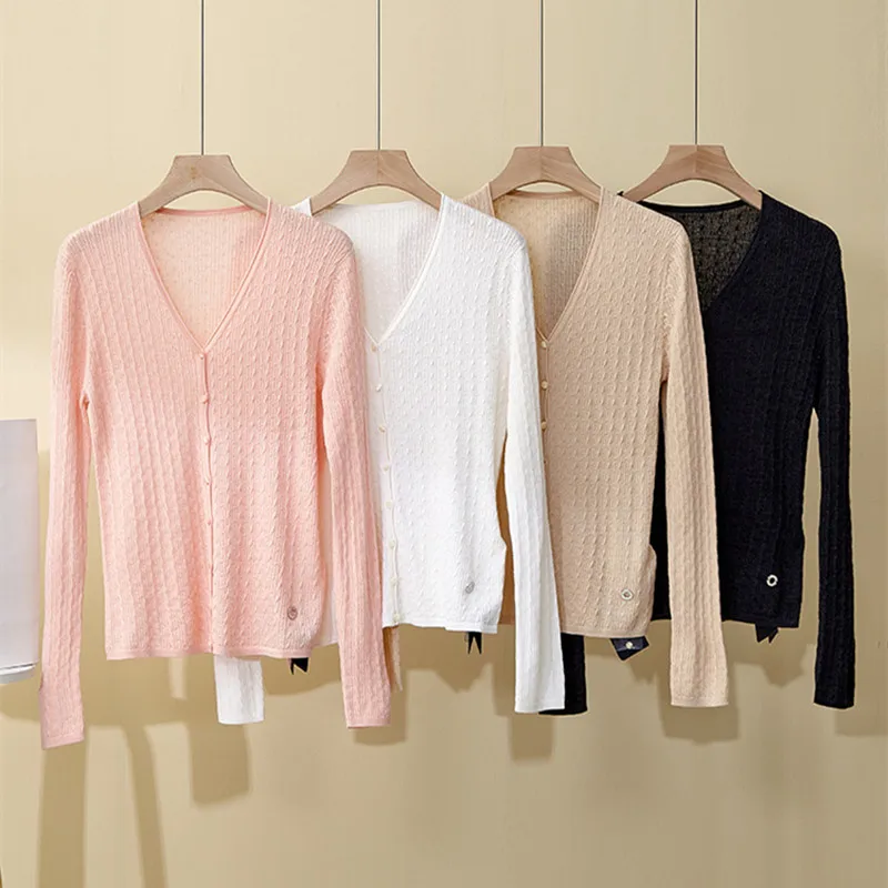 

Women's Spring and Summer New Classic Twist Cardigan V-Neck Silk Wool Knit Top All-Match
