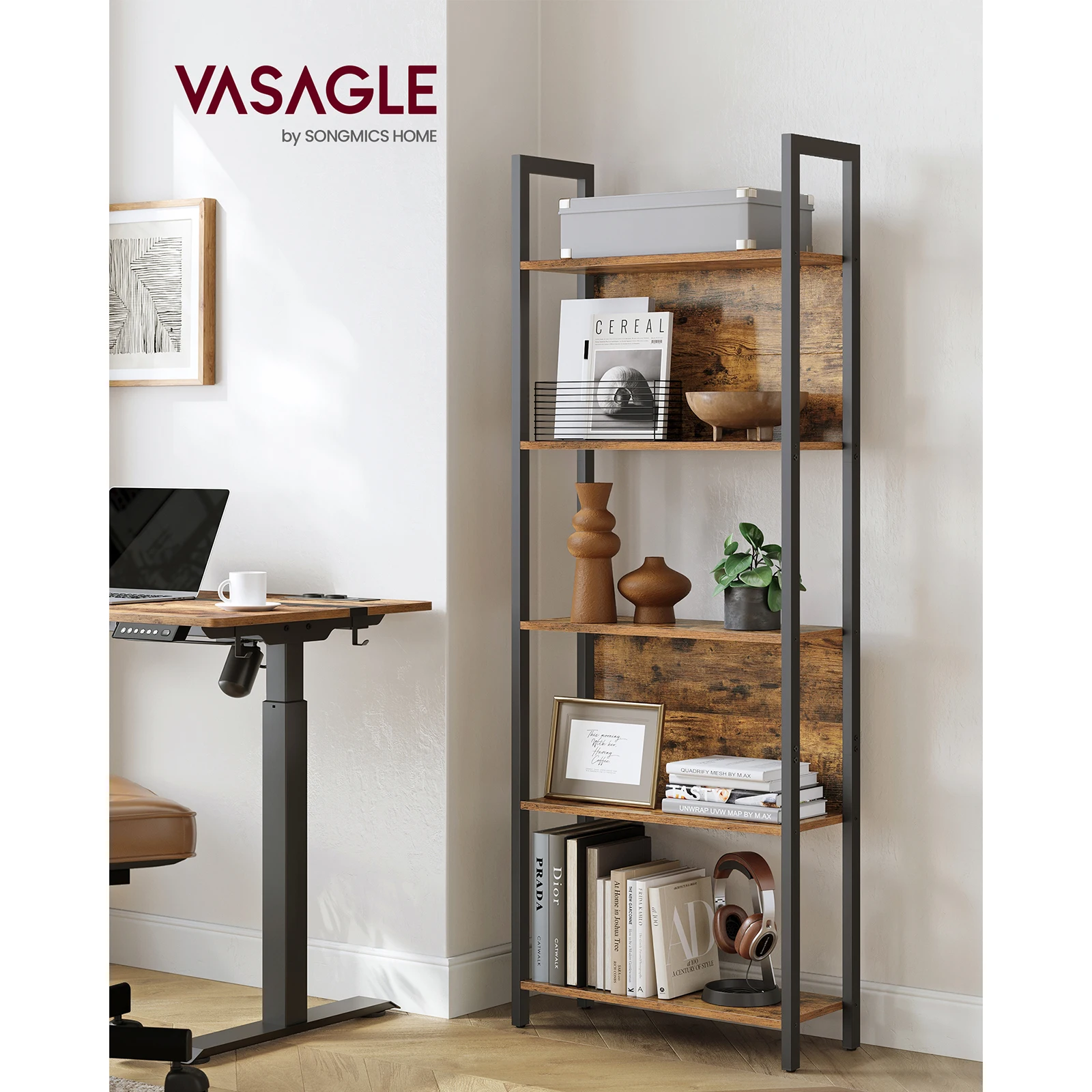 VASAGLE Bookcase, Storage Shelf, Kitchen Shelf, 5 Tiers, Stable Steel Frame, for Office, Entrance, Living Room