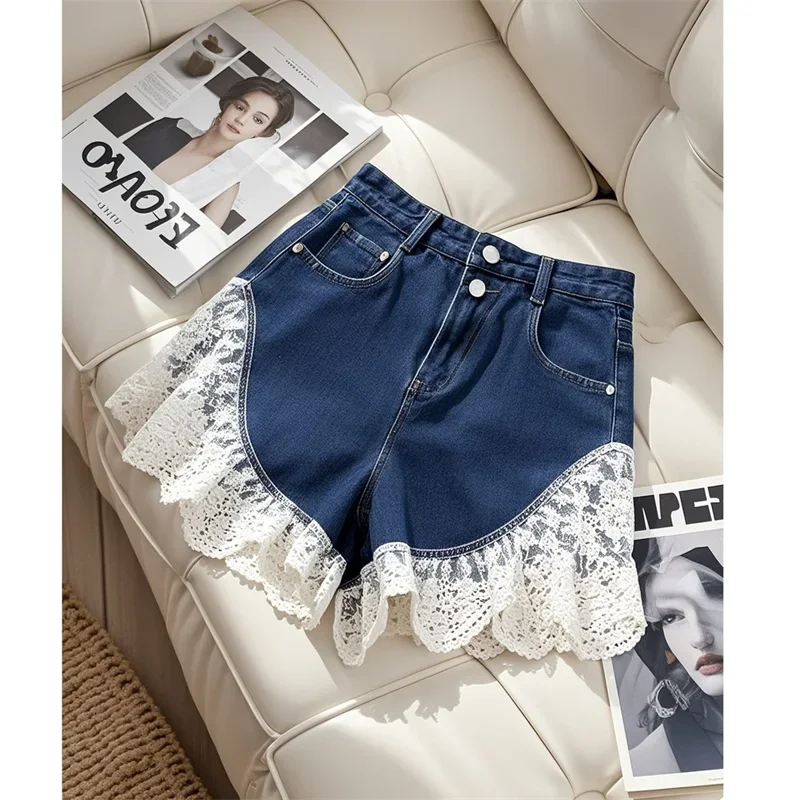 Zomer Hoge Taille Jeans Korte Dubbele Zakken Kant Patchwork Denim Broek Vrouwen Losse Wijde Pijpen Cowboy Shorts Nieuwe 304A