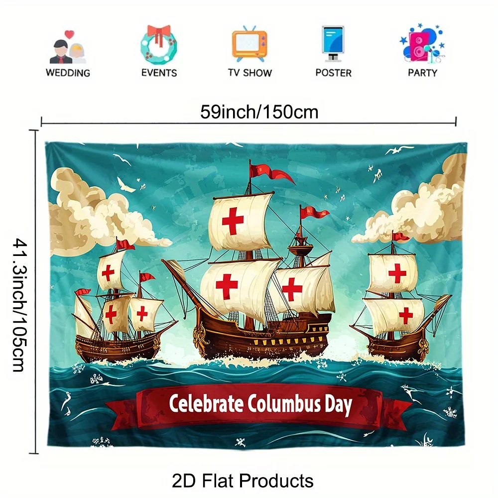 1 pancarta 2D del día de Columbus: diseño retro de barco y cruz roja, decoración resistente a la intemperie impresa UV