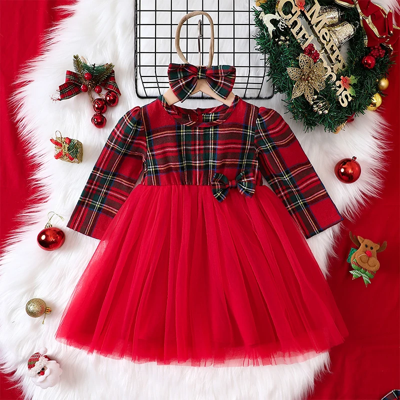 1-4T Kids Girls 2 Piece Outfits Christmas Plaid Print Tulle Princess Long Sleeve Dress Headband for Xmas Party Princess Clothes