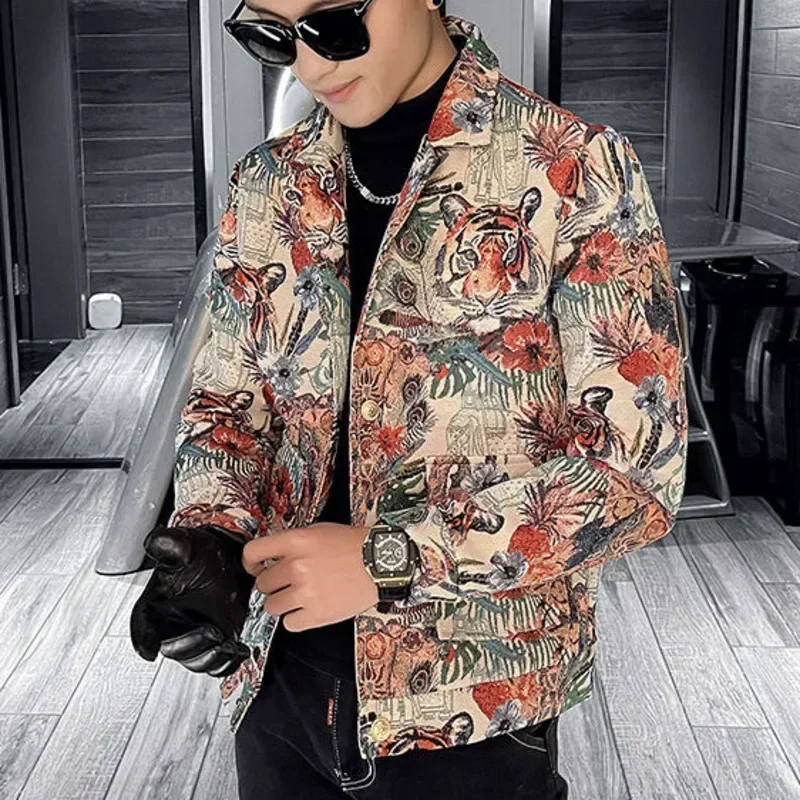 High Quality Men's Blazer Jacket Fashion Tiger Print Slim Casual  Lapel Single Breasted Business Social Coats Streetwear