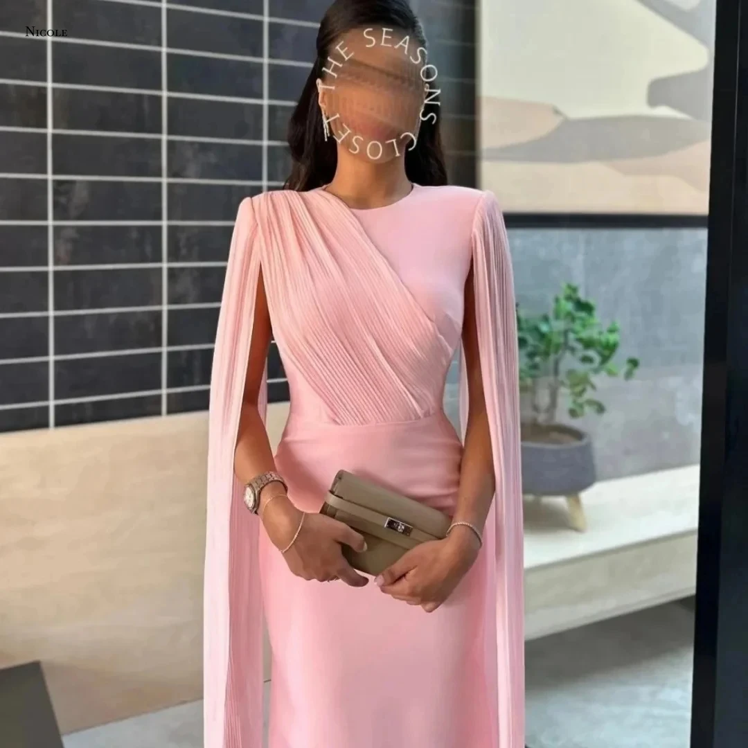 Elegant Pink Mermaid Women Evening Formal Dress Cap Sleeves O-neck Pleats Long Prom Pageant Party Gowns Robe De Soiree