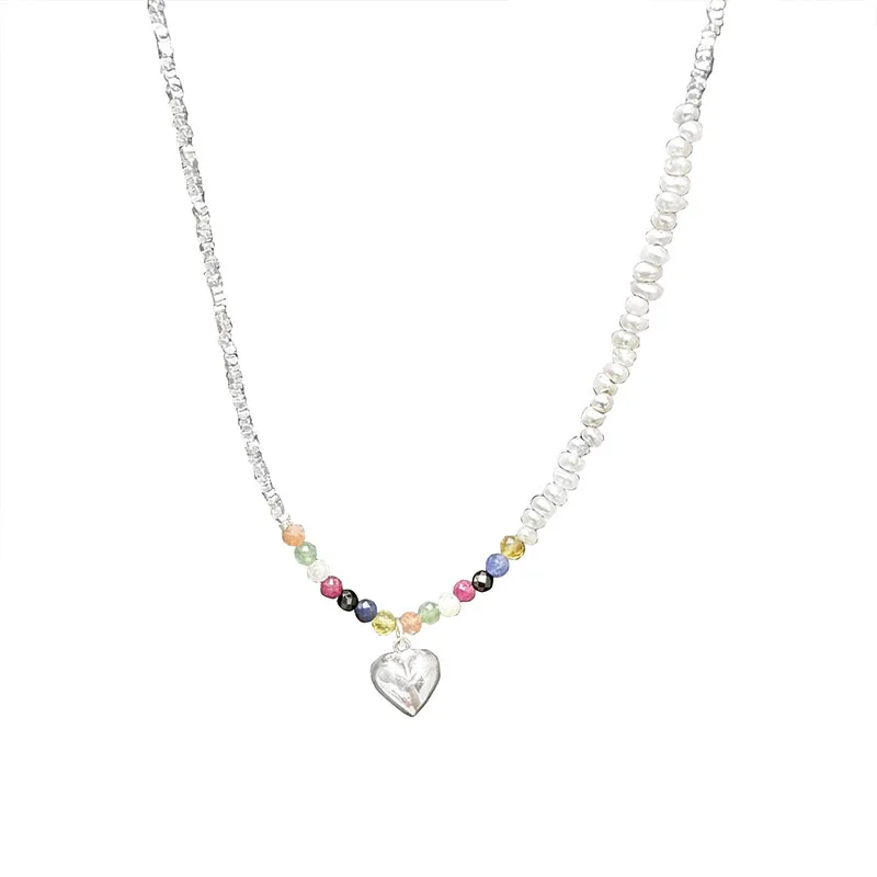 

S925 Sterling Silver Pearl Love Collar Chain Colorful Natural Stone with Broken Silver Original Design Necklace for Women