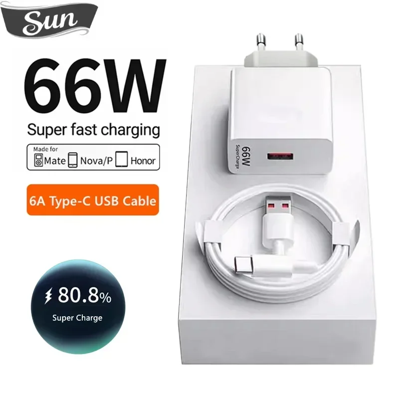 6A 66W Super Fast EU Wall Charger For Huawei Mate 40 50 60 P50 Nova 8 9 10 Honor 90 100 X7 X8 X9 Magic Type C Charging USB Cable